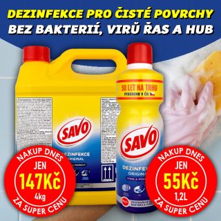 💥 NAKUP DNES ZA SUPER CENU ✨💦 SAVO DEZINFEKCE ORIGINAL - Voda a povrchy - 1,2L | 4kg VÝHODNÉ BALENÍ - SAVO Original tekutý...