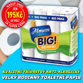 💥 NAKUP DNES ZA SUPER CENU 🚽🧻🧻🧻 ALMUSSO BIG! Toaletní papír 3-vrstvý 40rolí VÝHODNÉ BALENÍ - Velké, ekologicky šetrné a...