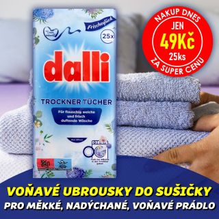 💥 DNES ZA VÝHODNOU CENU 💙👕🌸 DALLI Ubrousky do sušičky 25ks Oblíbené německé vlhčené voňavé ubrousky do sušičky provoní...